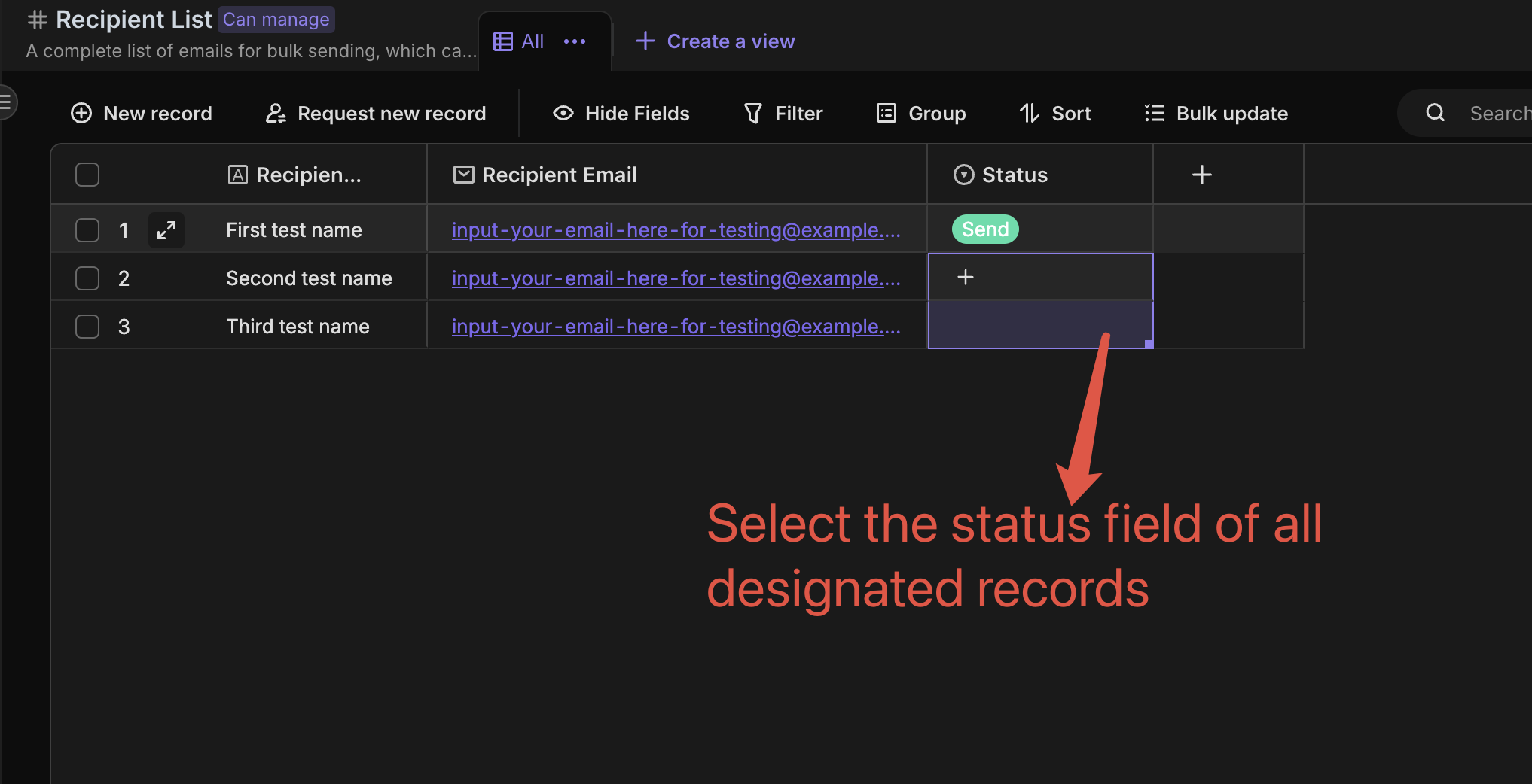 Select the 状态 fields of all designated records