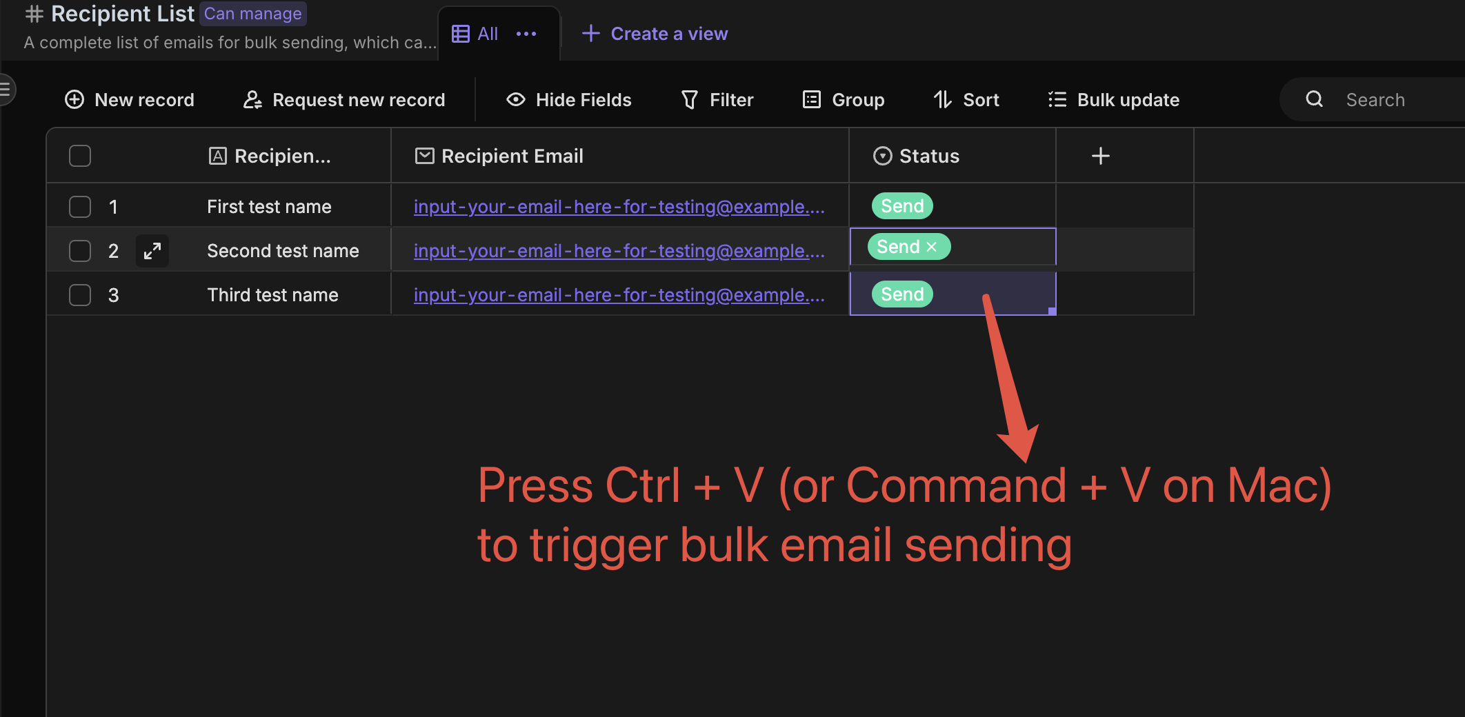 Paste to trigger bulk email sending