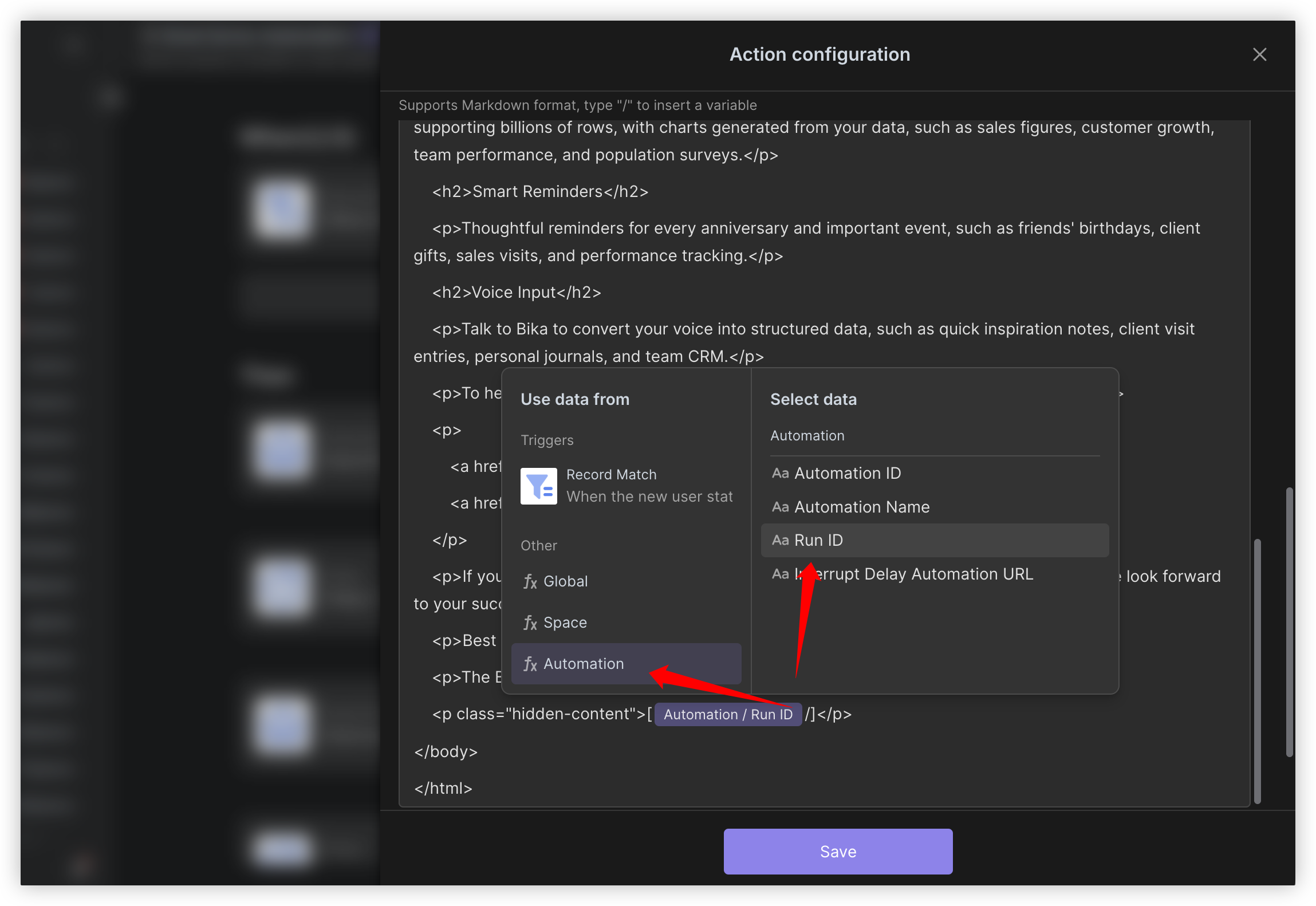 Screenshot of Inserting Automation Run ID