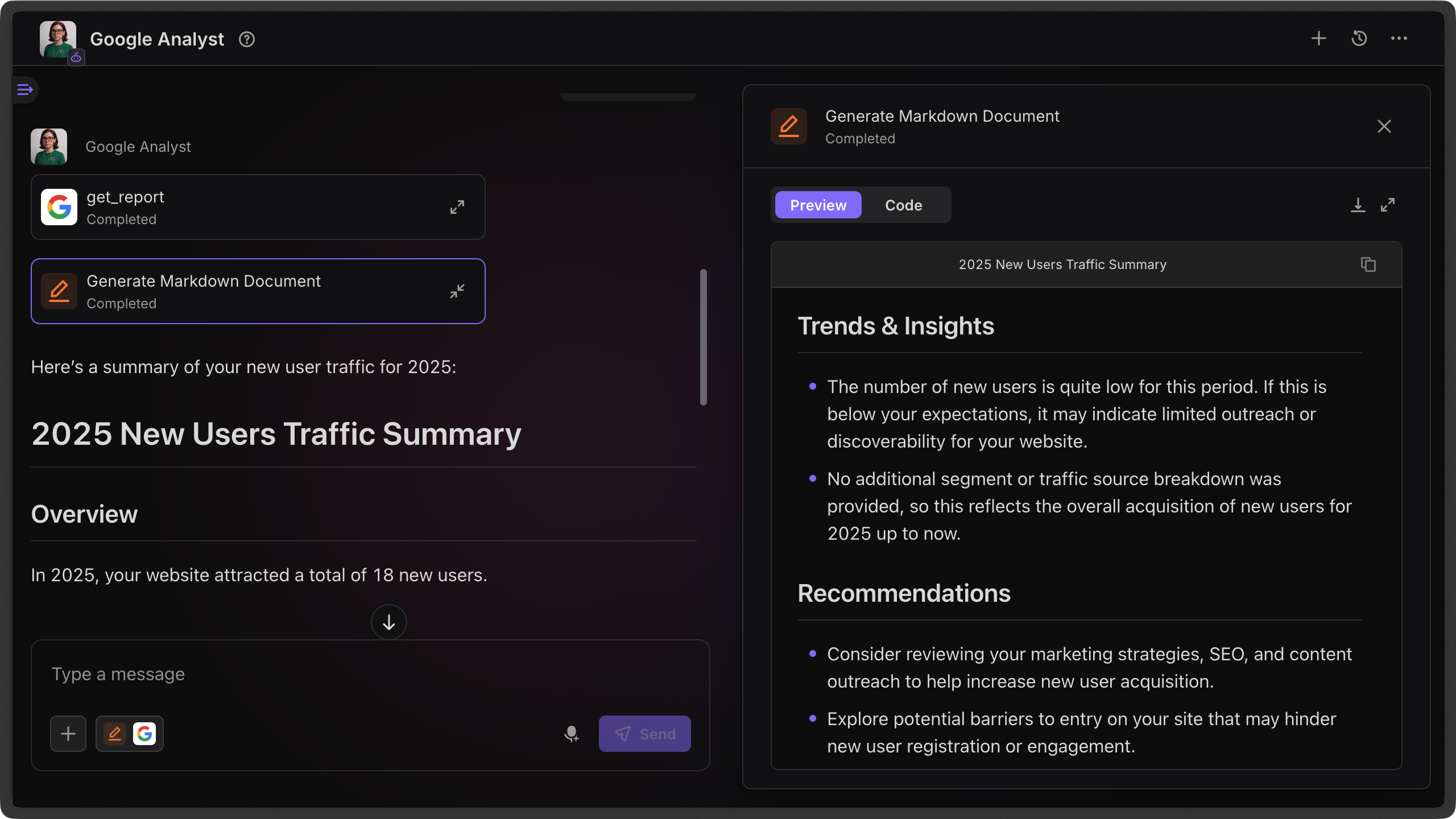The final result after providing the Property ID, where the agent successfully runs and generates a markdown report.