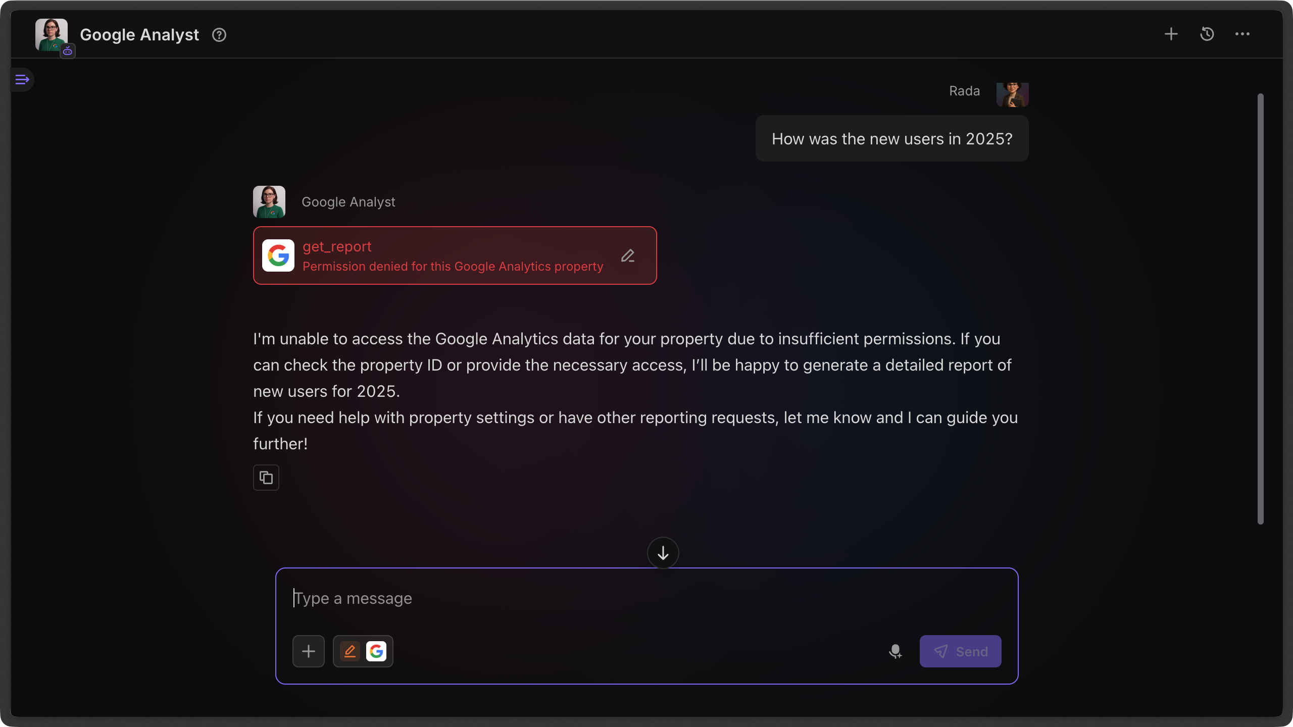 An error message in the agent chat stating 'Permission denied for this Google Analytics property.'