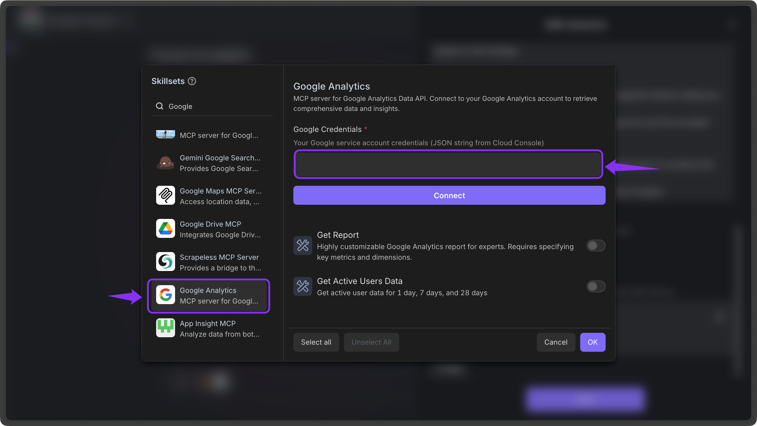 Searching for 'Google Analytics' in the Bika.ai interface and opening its settings.